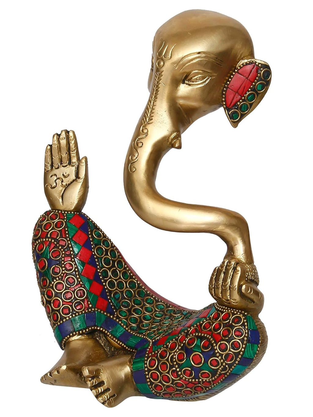 Ecraftindia Handcrafted Meditating Brass Lord Ganesha Idol With Golden Colorful Stone Work | Spiritual Ganesha Statue for Puja Room