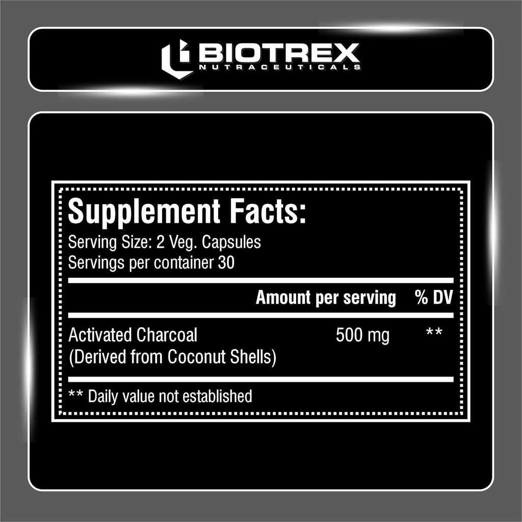 Biotrex Nutraceuticals Activated Charcoal 500mg | Sourced From Coconut Shells | Gas & Bloating Relief | Supports Digestive Health & Gut Detox | 100% Natural | 60 Veg Capsules