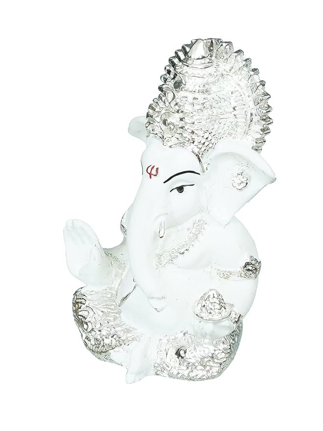 Ecraftindia Silver White Resin Lord Ganesha Idol for Home Decor Office Car Dashboard | Ganesha Statue