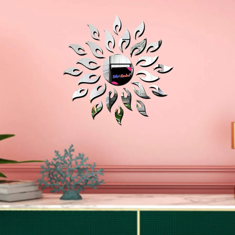 Bikri Kendra Sun Silver with 12 Square Golden 3D Mirror Wall Stickers