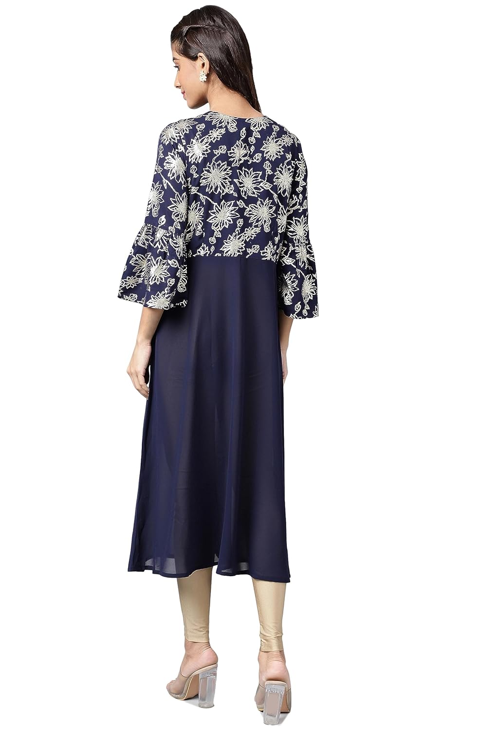 Janasya Women's Navy Blue Georgette Foil Printed A-Line Front Slit Kurta