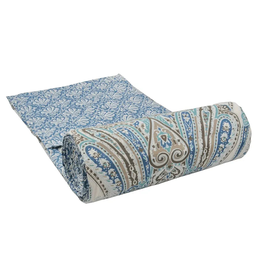 Trance Home Linen 100% Cotton Reversible Dohar Single Bed Size Jaipuri Printed Artisan Block Design Blanket 56"X88" Colour Nargis Blue