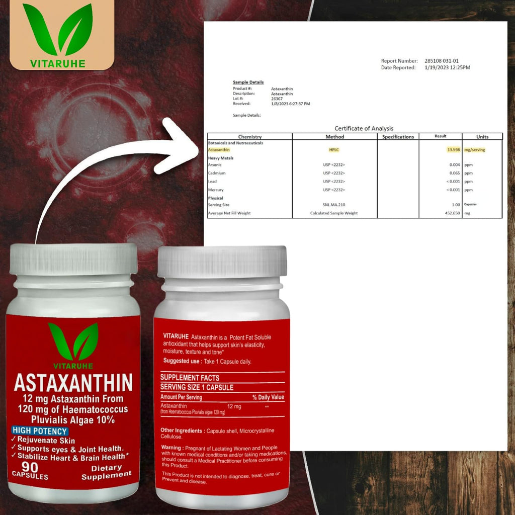 VITARUHEÂ® Astaxanthin Supplement High Dose & Vegan, 12 mg Natural Astaxanthin Powder from Blood Rain Algae, 90 Capsules for 3 Months, No Additives