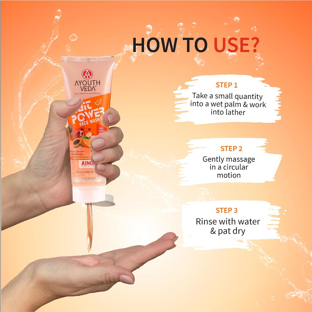 Ayouthveda Fruit Power Brightening Gel Face Wash | For Glowing Skin, Reduce Dark Spot & Blemishes | With Vitamins A, C & Antioxidants | 100ml (Pack of 1)
