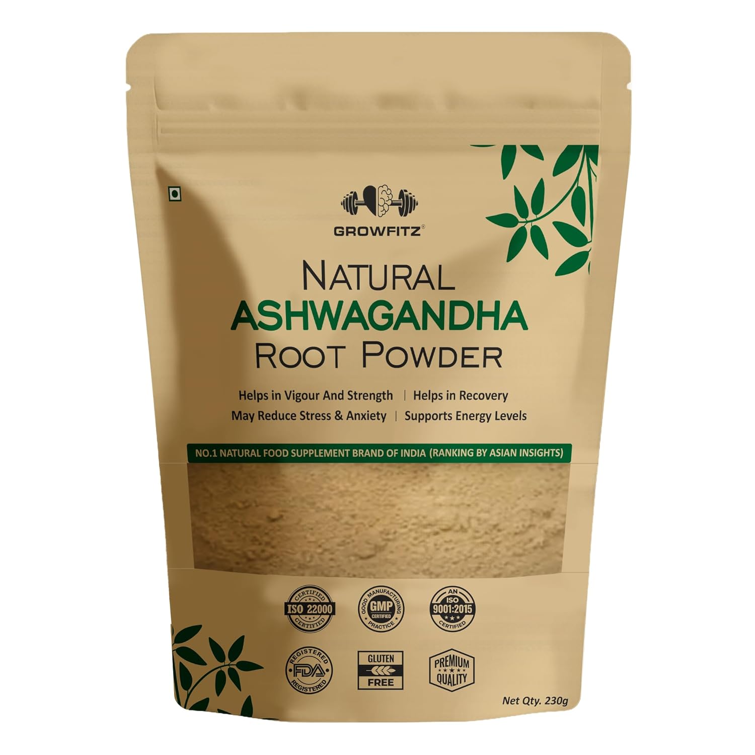 Growfitz 100% Organic Ashwagandha Powder 230g | Withania Somnifera | Energy Boost, Anxiety & Stress Relief, Height Improvement, Immunity System | ISO Certified | Vegan, Gluten-Free | Pack of 1