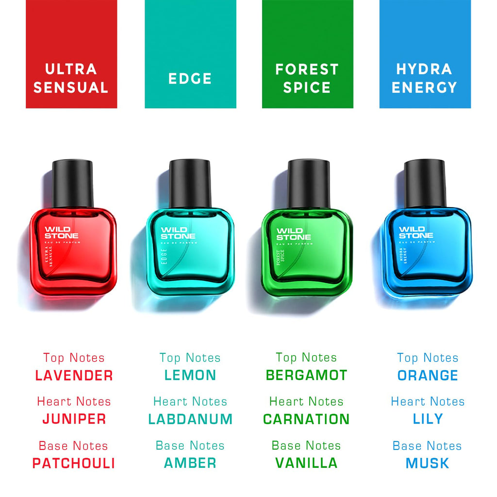 Wild Stone Edge, Forest Spice, Hydra Energy and Ultra Sensual Perfume Combo for Men, Long Lasting Smell | Pack of 4 (30ml each)