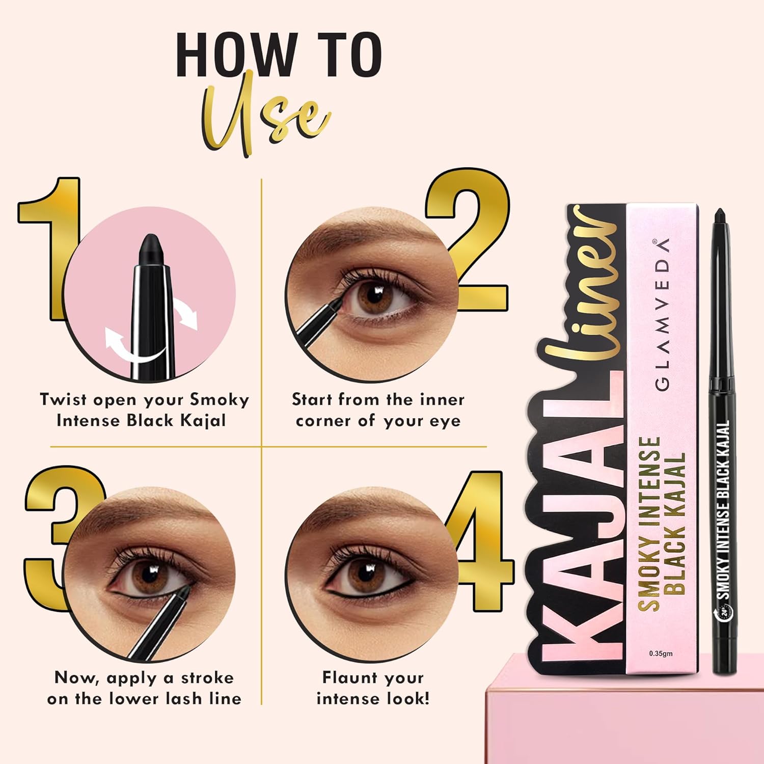 GLAMVEDA Pencil Smoky Intense Black Kajal - 0.35g | 24-Hour Long Stay One-Stroke Smooth Application Waterproof, Smudgeproof & Sweatproof| Rich Pigment | Suitable for Sensitive Eye 1 count (Pack of 1)