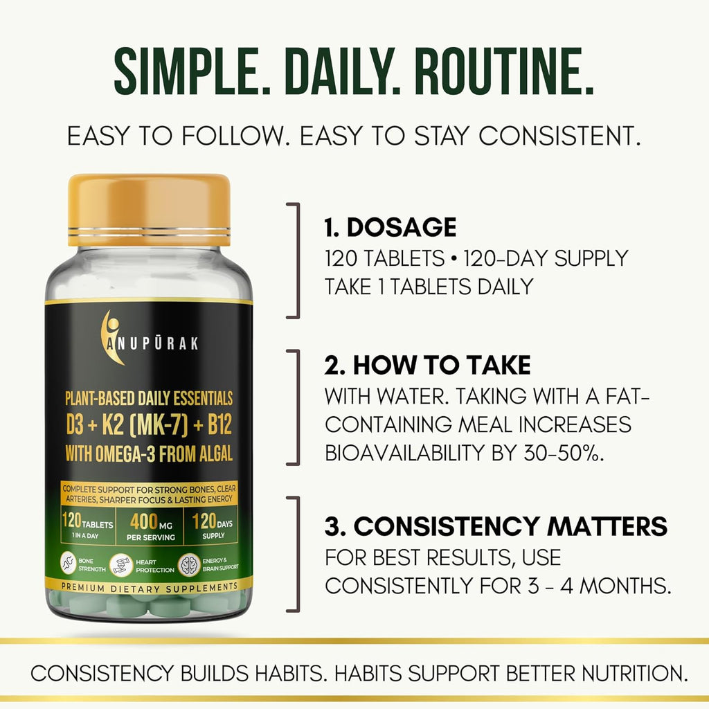 ANUPURAK Vegan D3 K2 B12 & Omega 3 DHA Tablets | 4-in-1 Daily Essential Supplement | Bone, Brain, Heart & Energy Support | D3 (Lichen) + K2 MK-7 (Natto) + B12 + 250mg Algal DHA | 120 Veg Tablets (120 Days)