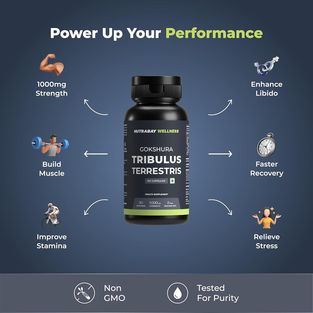 Nutrabay Wellness Tribulus Terrestries (Gokshura) - Natural Support for Energy, Performance & Stamina & Muscle Growth - 1000mg, 60 Veg Capsules