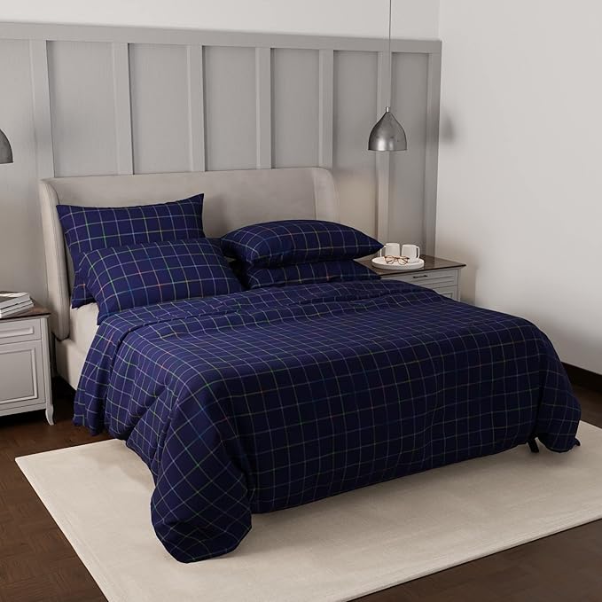 Stoa Paris Vogue Microfibre Comforter for King Size Bed with 4 Pillow Covers Colour Indigo Rainbow Chèques