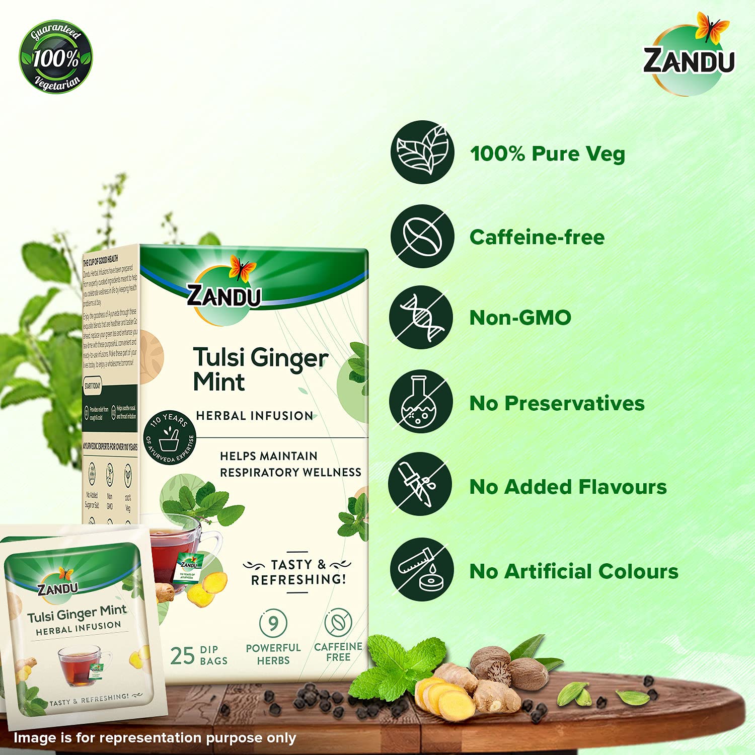 Zandu Tulsi Ginger Mint Herbal Infusion, a Herbal Tea Enriched with Ayurvedic Ingredients (25 Tea Bags)