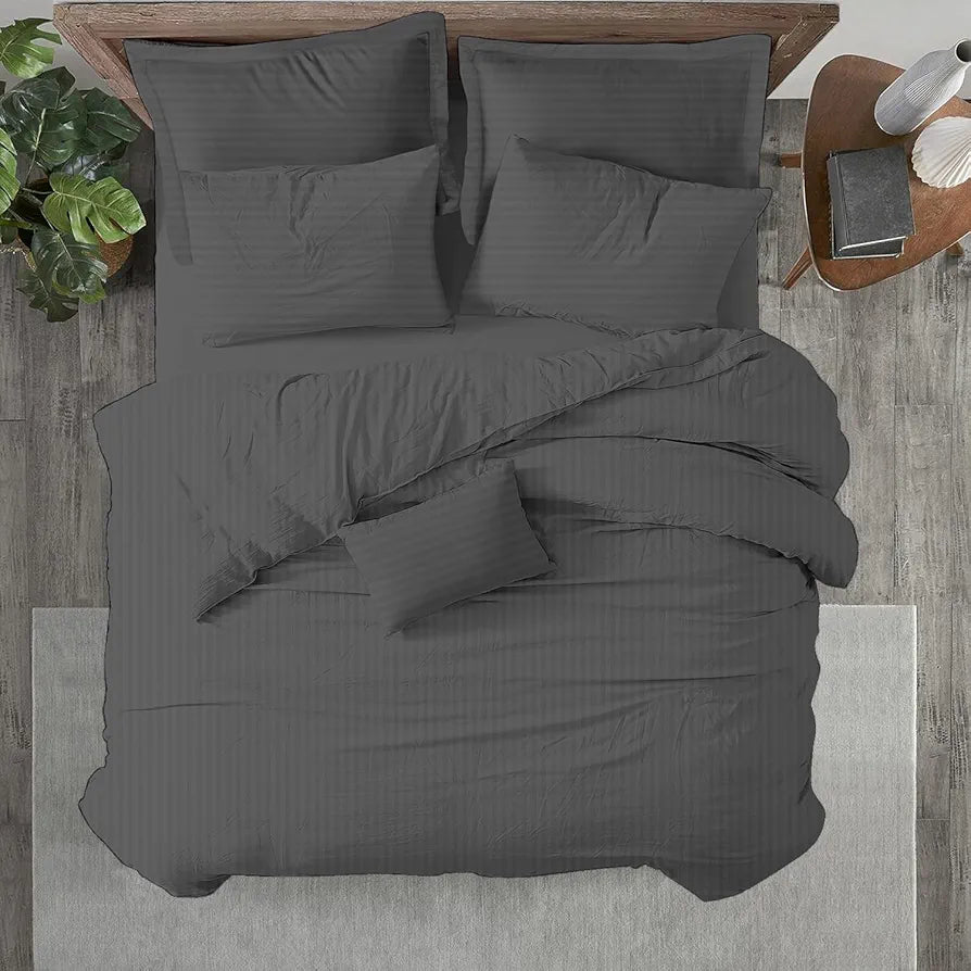 Trance Home Linen Zippered 100% Cotton 200TC Satin Stripe King Size Duvet Cover Quilt Cover Blanket Cover Razai Comforter Cover with 2 Pillow Covers  Colour Steel Grey