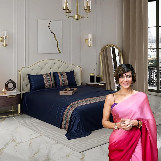Stoa Paris Bedsheets for Double Size Bed Satin Bedsheet with 2 Pillow Covers Colour Regal Renaissance-Navy