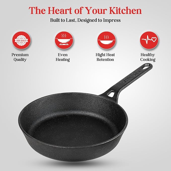Vinod Legacy Pre Seasoned Cast Iron/Loha Frypan - 24 cm | Naturally Non Stick Skillet Pan for Frying