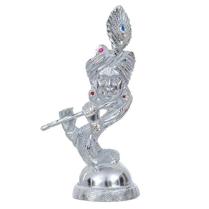 Ecraftindia Silver Metal Handcrafted Lord Krishna Playing Flute Statue | Decorative Showpiece