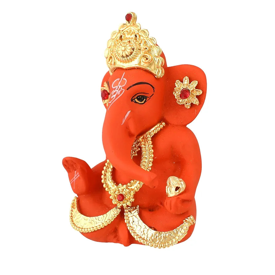 CraftVatika Ganesh Idol Murti Statue for Car Dashboard Ceramic Terracotta Gold Plated Orange