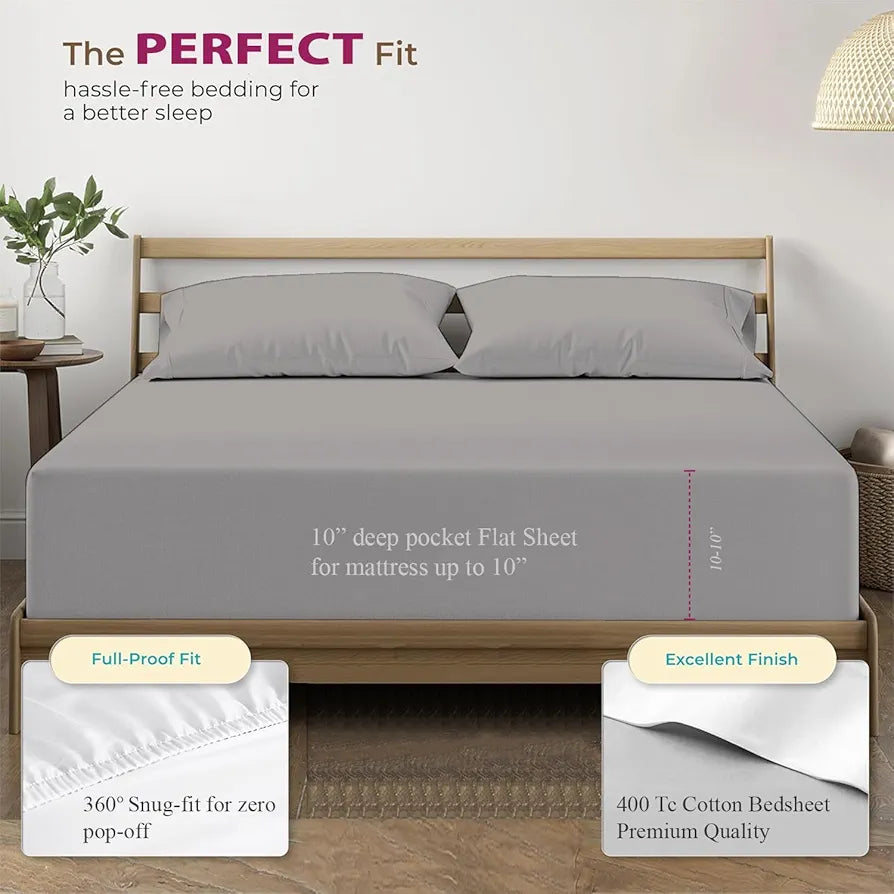 Trance Home Linen 100% Cotton 78x60 inch Queen Elastic Fitted Bedsheet 400TC Premium Queen Double Bed Size Plain with 2 Pillow Covers Colour Silver Grey