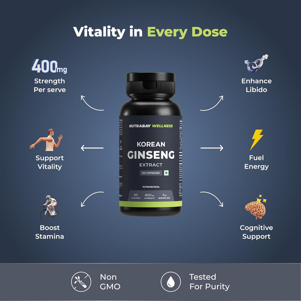 Nutrabay Wellness Korean Ginseng Extract (Panax Ginseng) - Support Vitality, Stamina, Energy, Mental Health & Performance - 400mg, 60 Veg Capsules