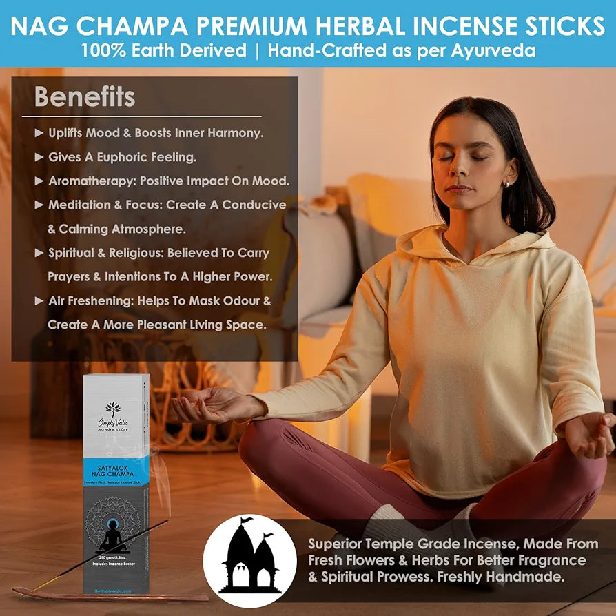 Simply Vedic Nag Champa Incense Sticks with Holder – 135 Hand-Rolled Natural Agarbatti