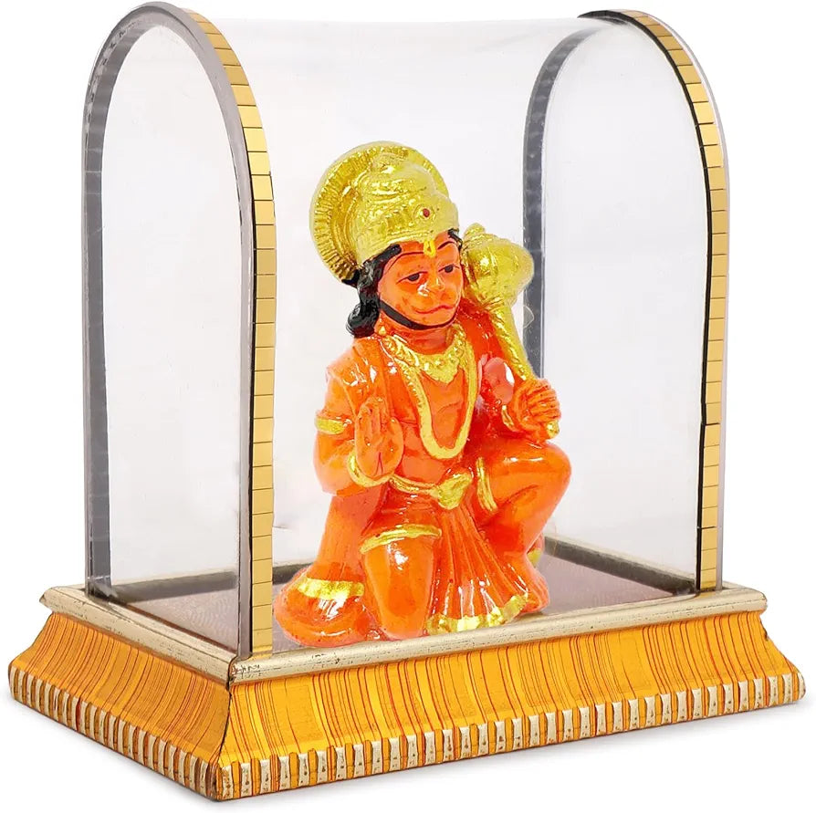 Golden and Orange Hanuman Ji Idol in Glass Box for Car Dashboard