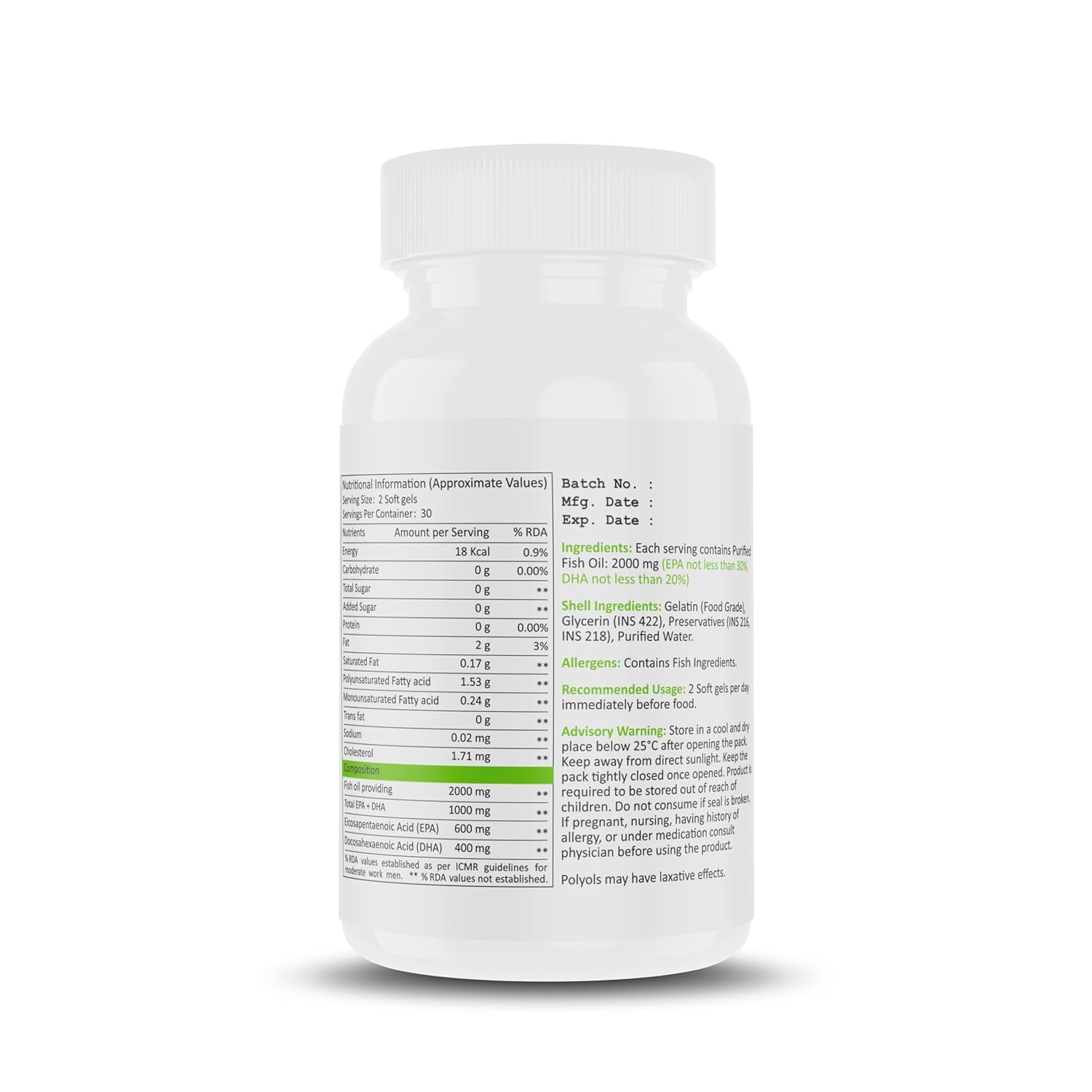 Muscle Nectar (MN) Omega 3 Fish Oil Double Strength 2000mg for Men & Women - Molecularly Distilled (1000mg EPA/DHA) (60 Softgels)
