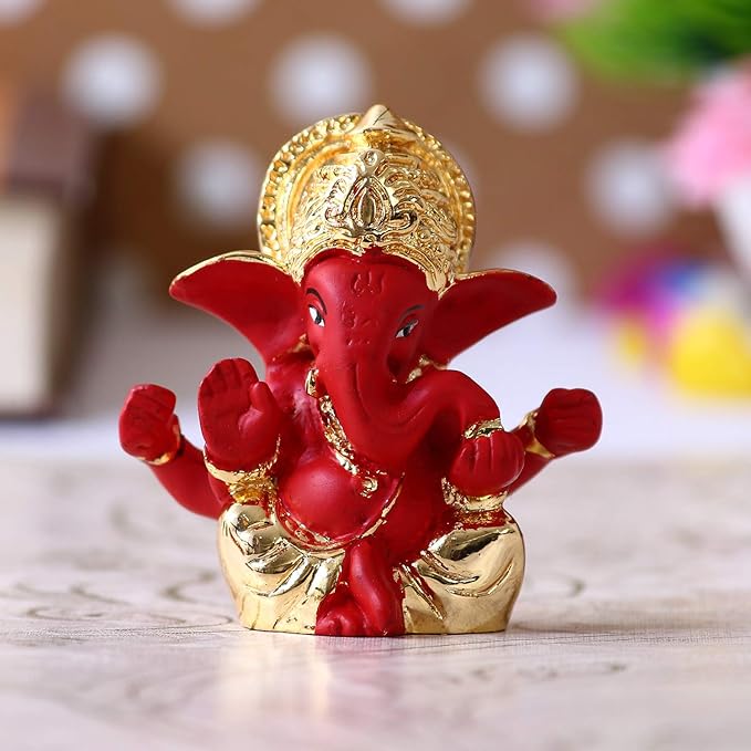 Ecraftindia Gold Plated Red Mukut Ganesha Decorative Showpiece