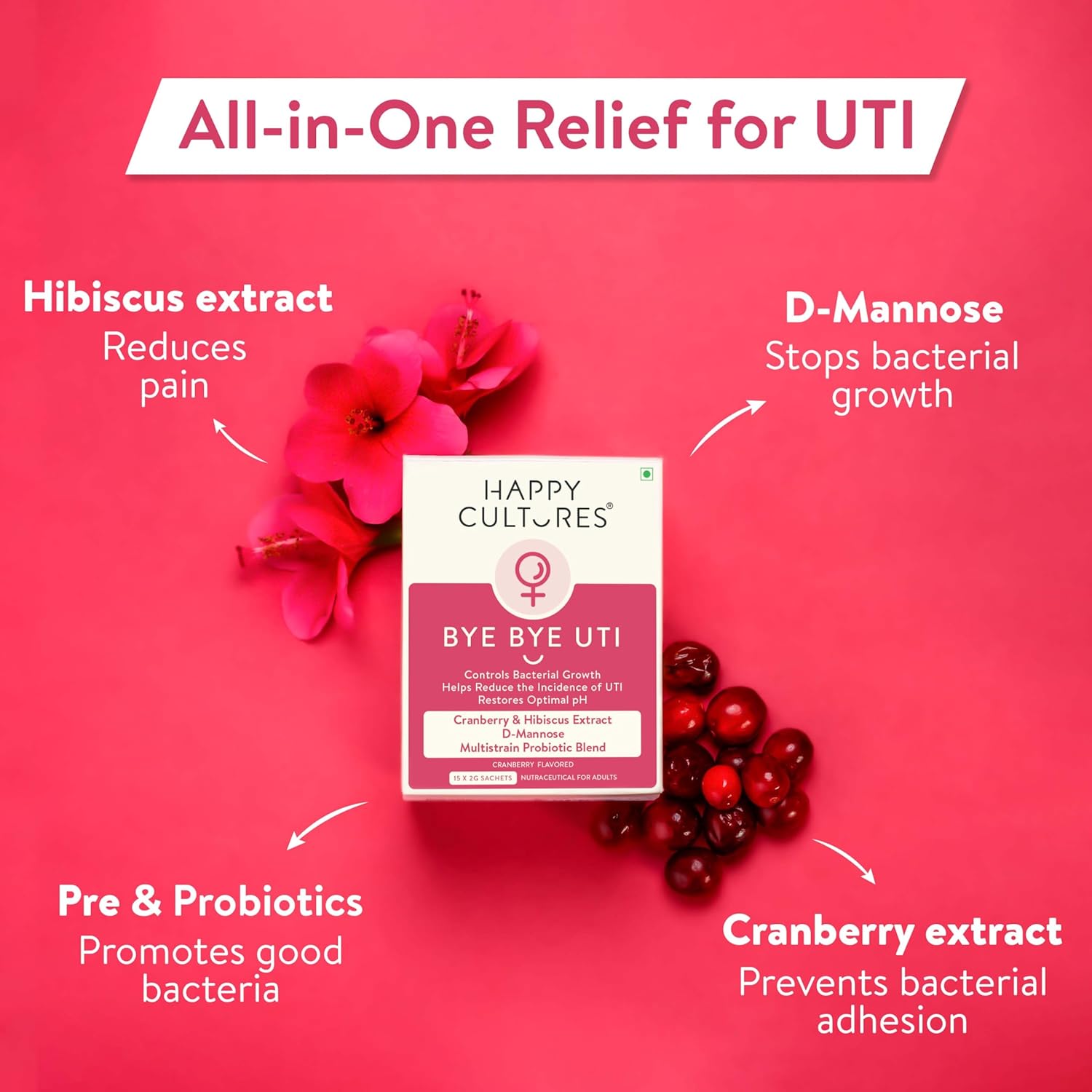 Happy Cultures Bye Bye UTI - Nutritional Supplement with D-Mannose, Cranberry Extract & Probiotics - Fast-Acting Relief & Prevention for UTI - 15 x 2g (Sachets)