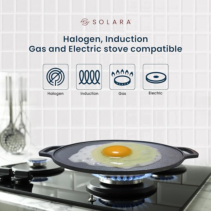Solara Cast Iron Tawa for Dosa 12" Inch | 30 Cm | Gas & Induction Friendly, Dosa Pan Cast Iron, Cast Iron Cookware