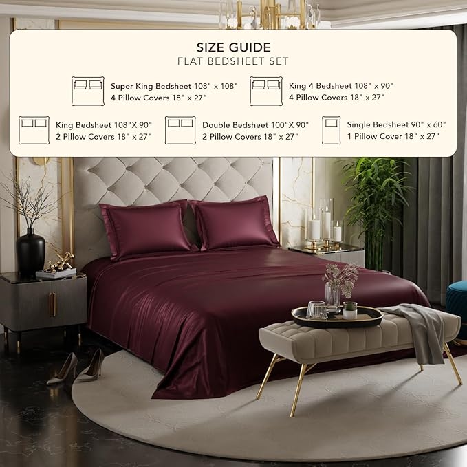 Stoa Paris Satin Bedsheets for Double Bed 300TC Premium Bedsheet with 2 Pillow Covers Colour Velvet Wine