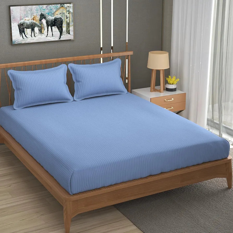 Homefab India 160 TC Stripe Glace Cotton Double BedSheet with 2 Pillow Covers Sky Blue