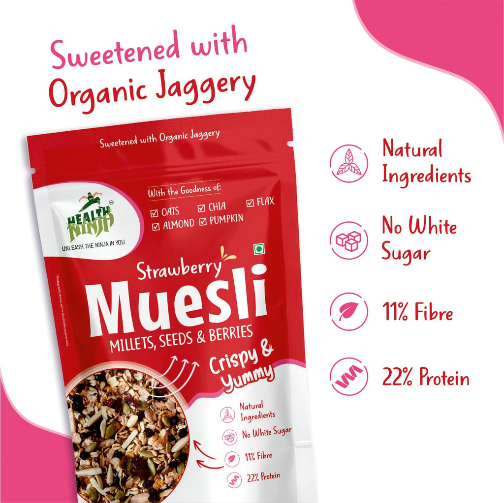 Health Ninja Strawberry Muesli | High Protein Breakfast Cereal | Oats, Almonds, Chia, Flax & Pumpkin Seeds | 900 g (Strawberry)
