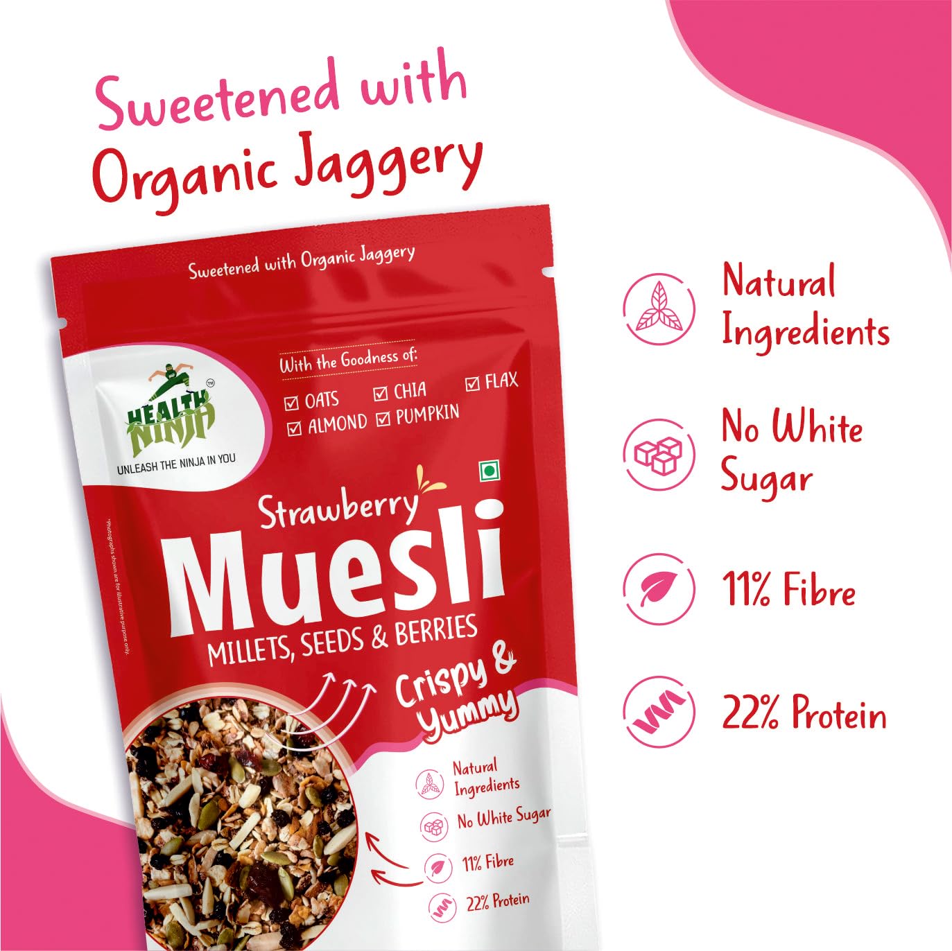 Health Ninja Strawberry Muesli | High Protein Breakfast Cereal | Oats, Almonds, Chia, Flax & Pumpkin Seeds | 900 g (Strawberry)
