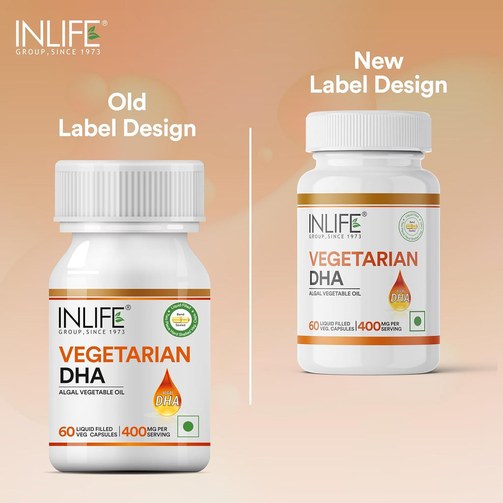 INLIFE Plant Based Omega 3 Supplement | DHA 400mg from Algal Oil | Skin, Eye, Bone, Joint Health - 60 Liquid Filled Vegetarian Capsules (Pack of 1)