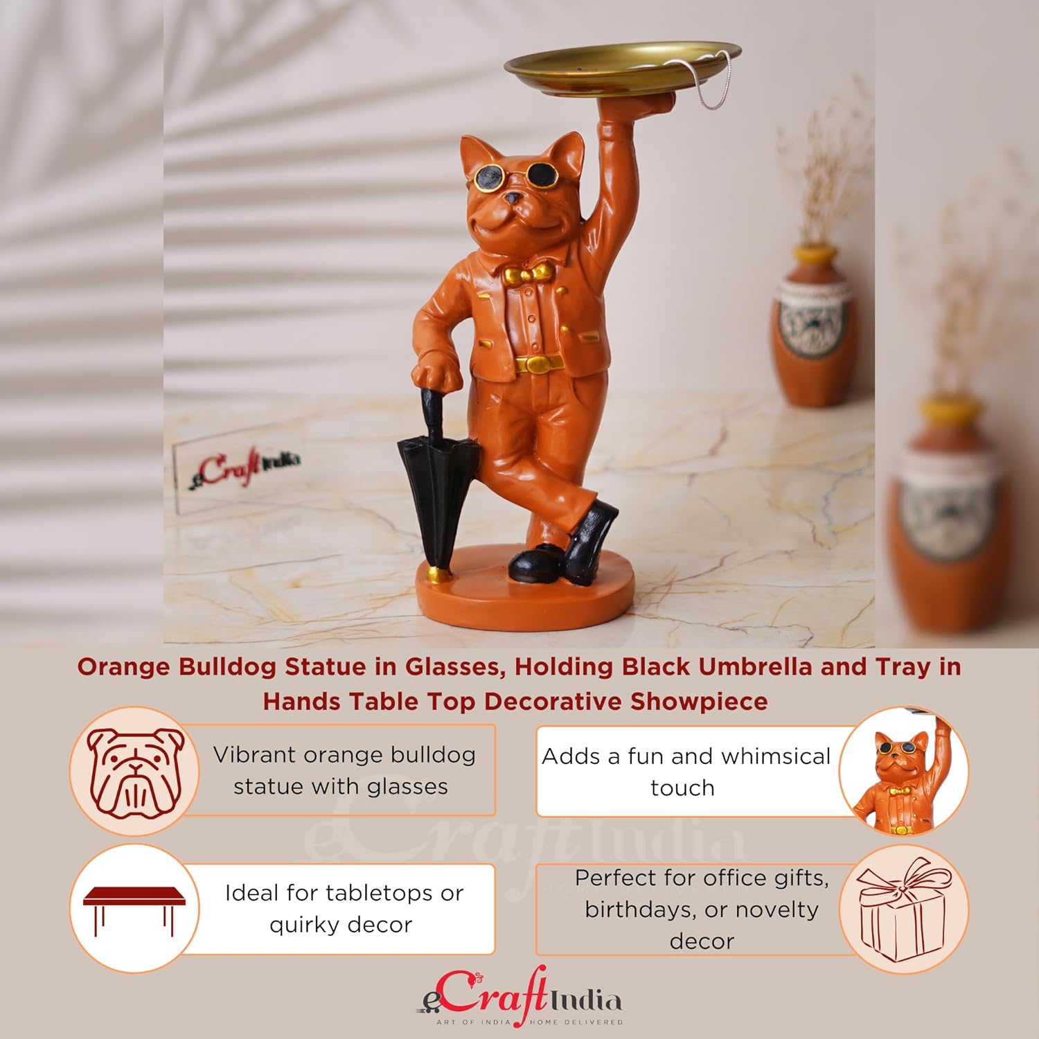 Ecraftindia Orange Bulldog Statue in Glasses Holding Black Umbrella and Tray in Hands Table Top Decorative Showpiece