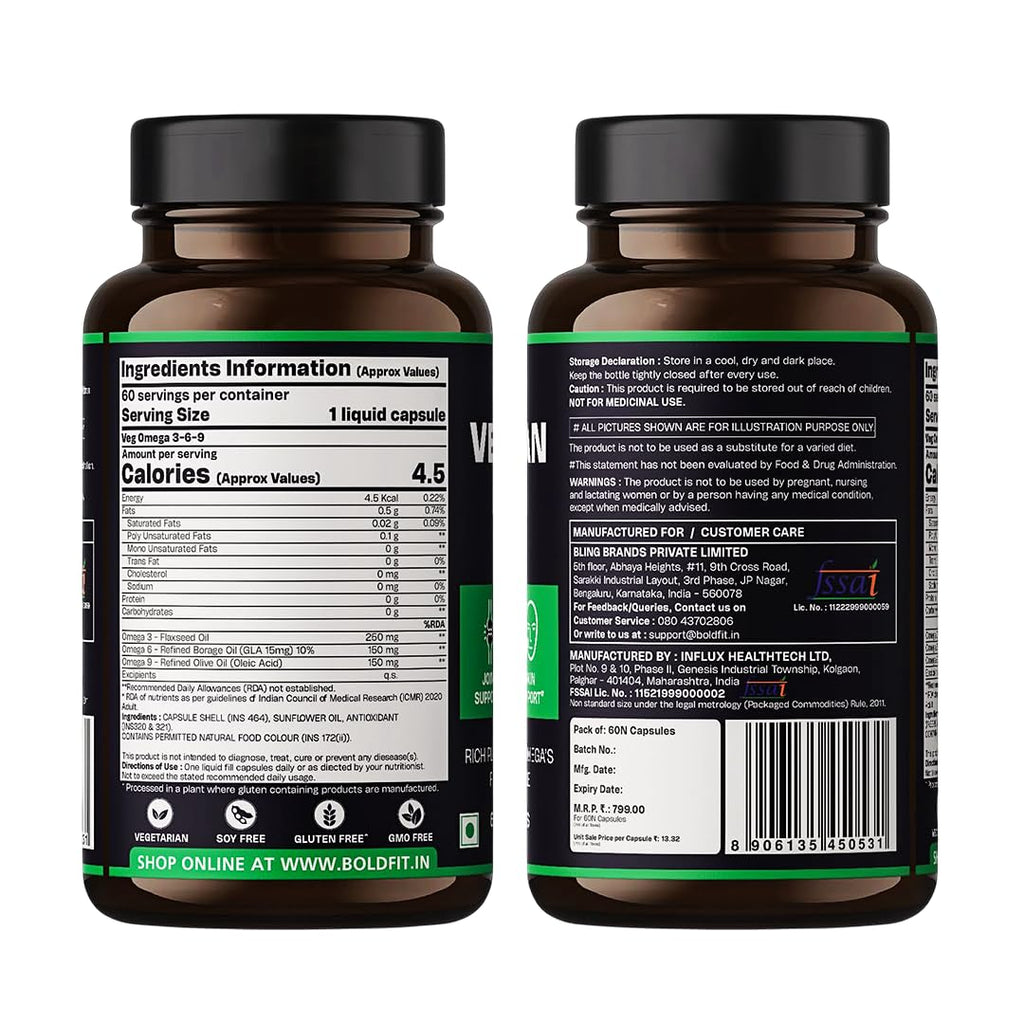 Boldfit Omega 3, 6 & 9 From Flaxseed, Borage & Olive Oil, Vegetarian Supplement For Heart, Skin, Joint & Muscles Support - Epa & Dha Rich Capsules For Men & Women - 60 Count