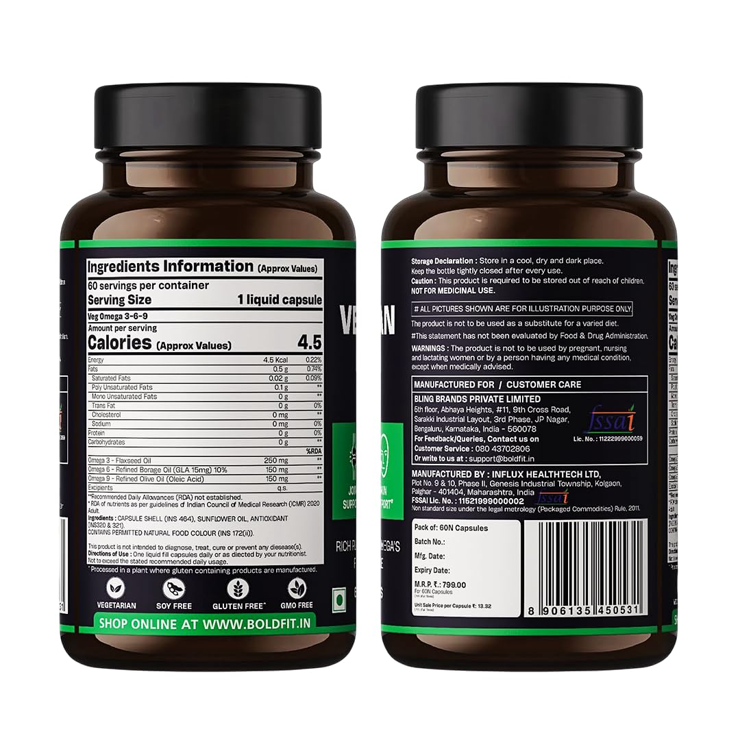 Boldfit Omega 3, 6 & 9 From Flaxseed, Borage & Olive Oil, Vegetarian Supplement For Heart, Skin, Joint & Muscles Support - Epa & Dha Rich Capsules For Men & Women - 60 Count