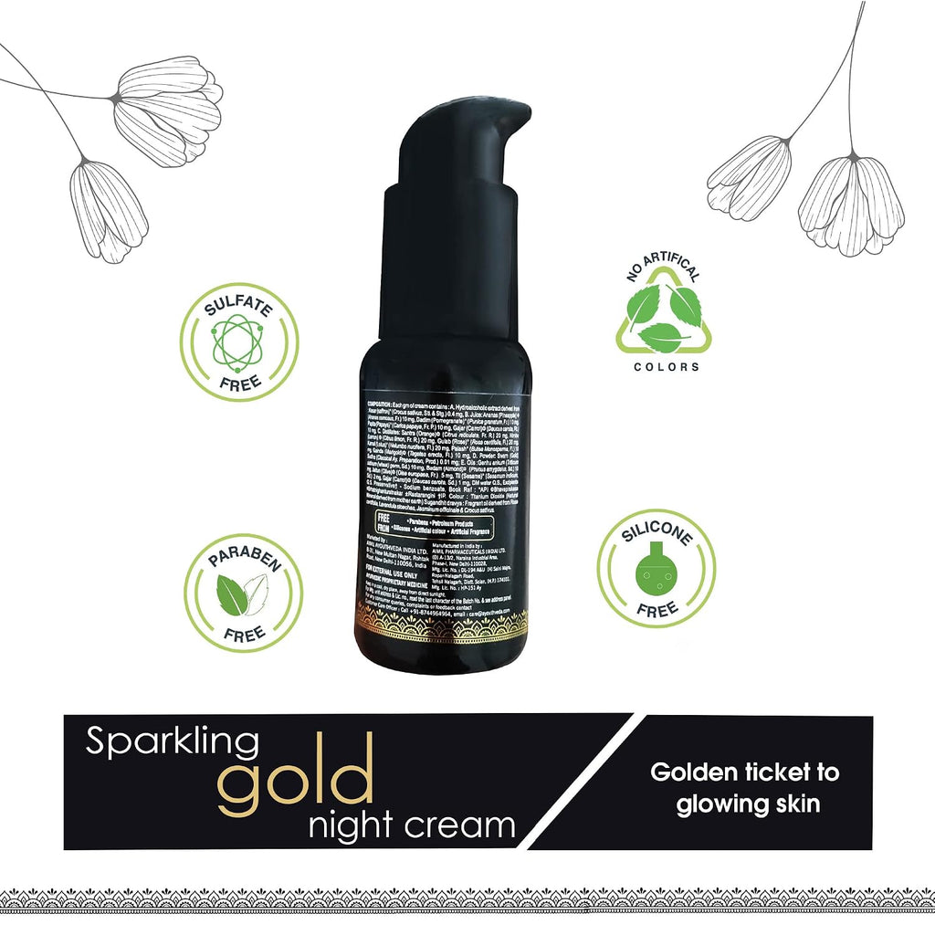 Ayouthveda Sparkling Gold Night Cream | 24K Nano Gold & Kashmiri Saffron | Reduces Fine Lines, Wrinkles & Dark Spots | Restores Skin Firmness & Elasticity | Overnight Anti-Ageing Face Cream (30g (Pack of 1))