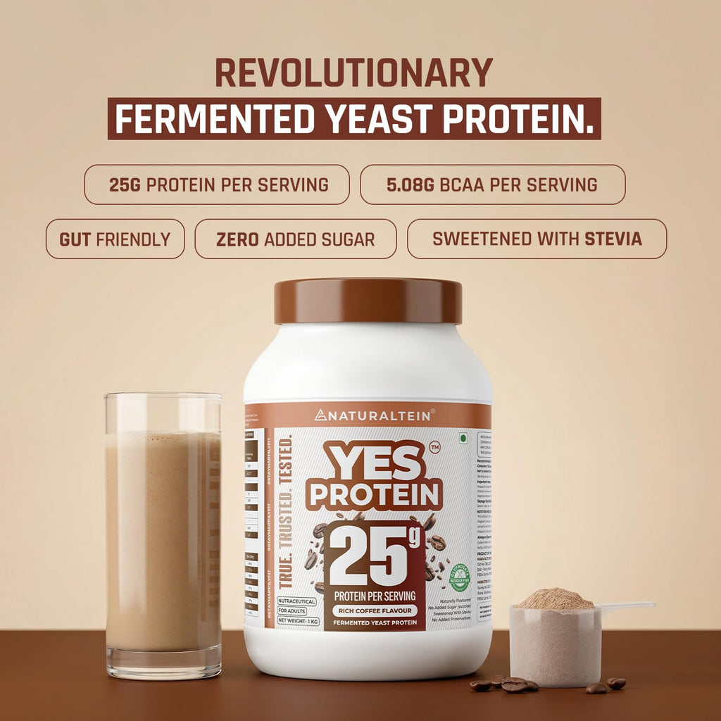 Naturaltein YES Protein 1kg | Fermented Yeast Vegan Protein Powder | Rich Coffee Flavour | 25 g Protein | No Added Sugar | Naturally Sweetened | Digestive Enzymes | Heavy Metal Tested | 28 Servings