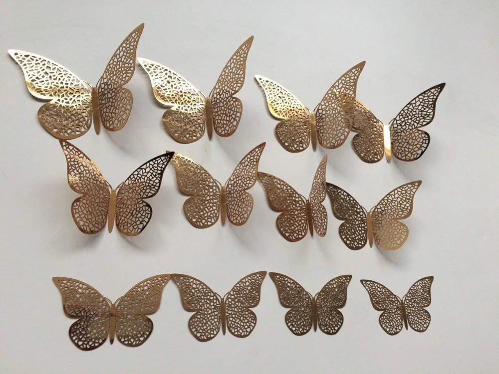 Xtore 12pcs 3D Home Decor Butterfly with Sticking Pad Golden