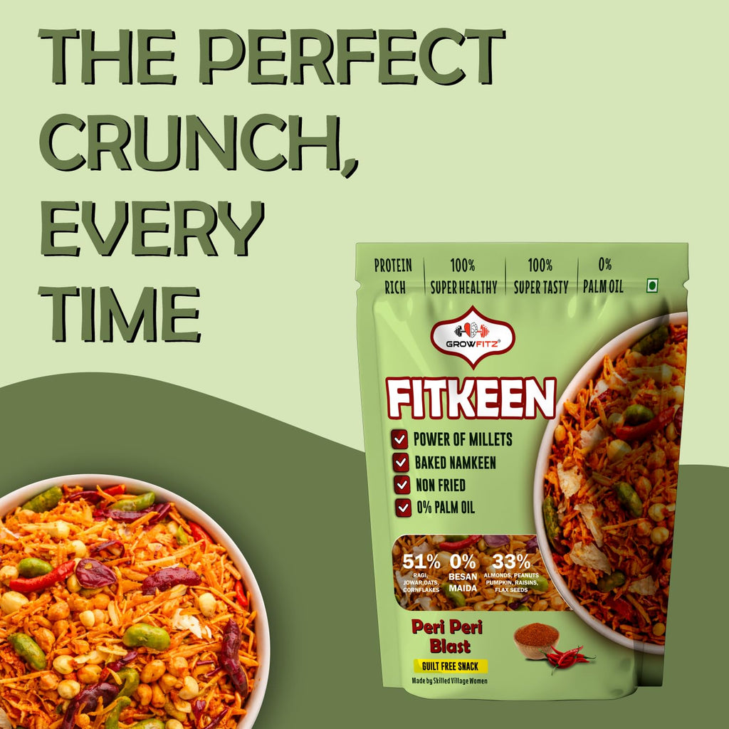 GROWFITZ Baked Namkeen Mixture 200g | Peri Peri Flavor | Non-Fried Millet Snack | 0% Palm Oil | 12.4g High Protein | Healthy Tea-Time Snack (200gram - Pack of 1, Peri Peri Spicy)