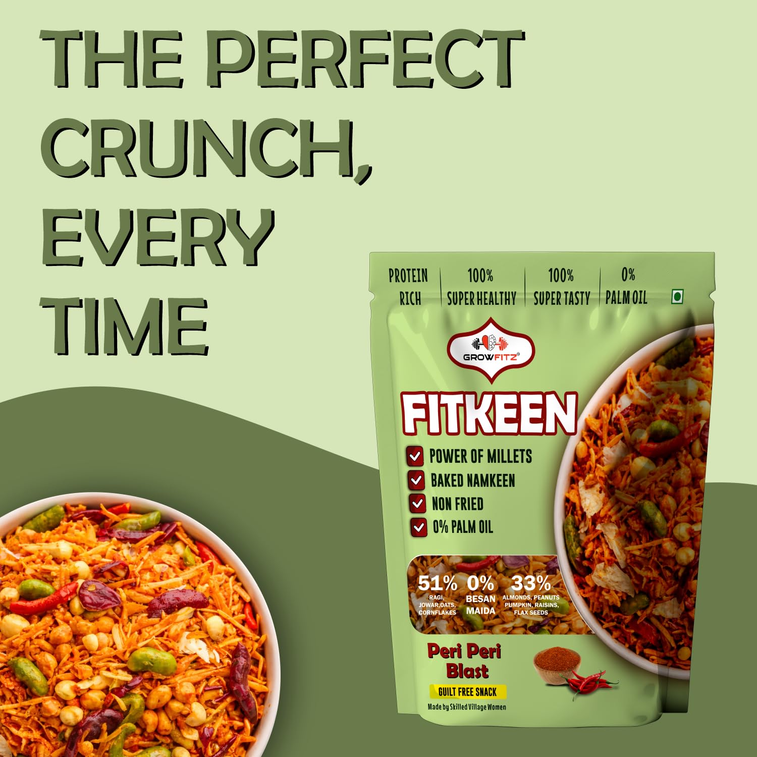 GROWFITZ Baked Namkeen Mixture 200g | Peri Peri Flavor | Non-Fried Millet Snack | 0% Palm Oil | 12.4g High Protein | Healthy Tea-Time Snack (200gram - Pack of 1, Peri Peri Spicy)