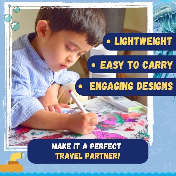 Pepplay Reusable Coloring Placemats Sheet with 8 Erasable Marker Pens Art Kit Ocean and Wild