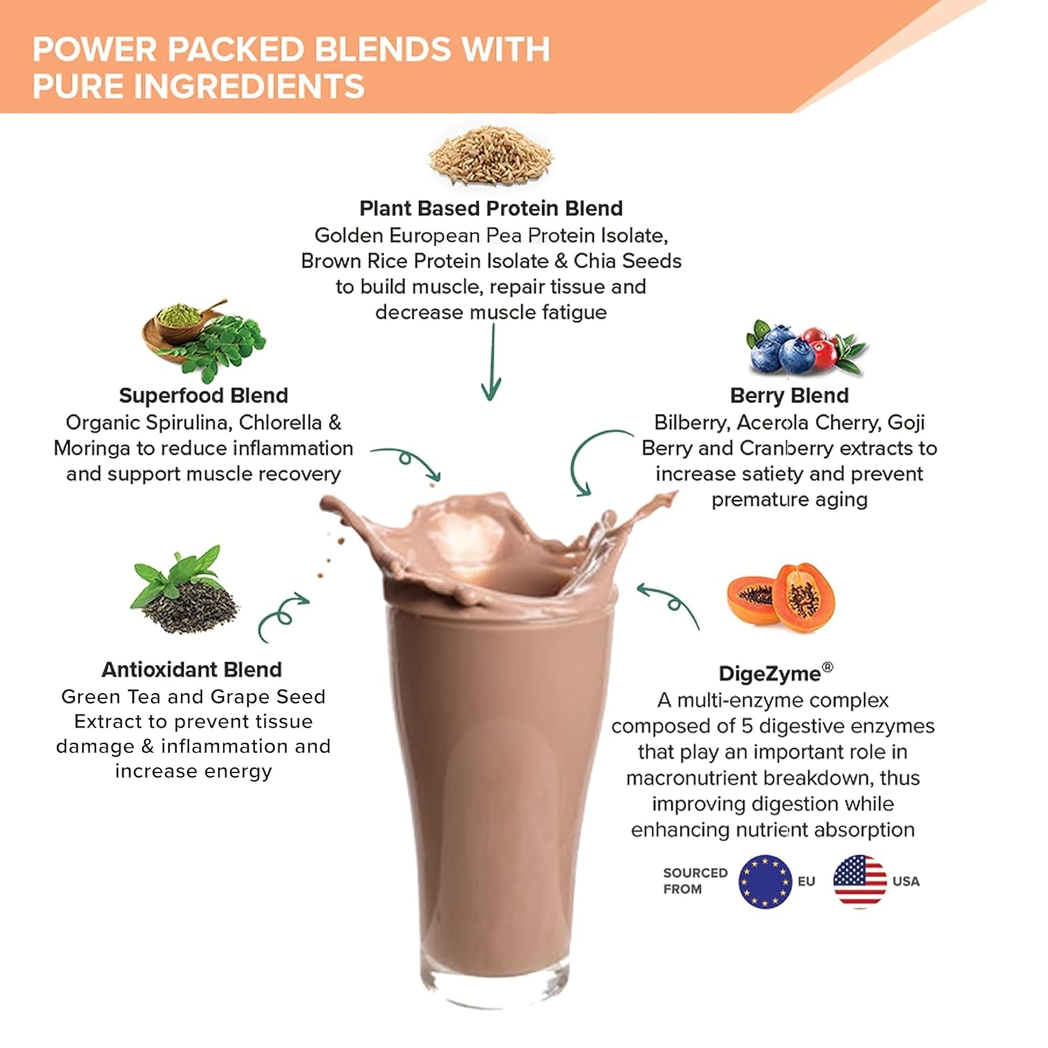 Wellbeing Nutrition Organic Vegan Plant Protein Isolate Powder | 22g Protein, 5g BCAA European Pea & Brown Rice Protein | Superfoods, Fiber for Muscle Growth & Recovery | Dark Chocolate - 500gm