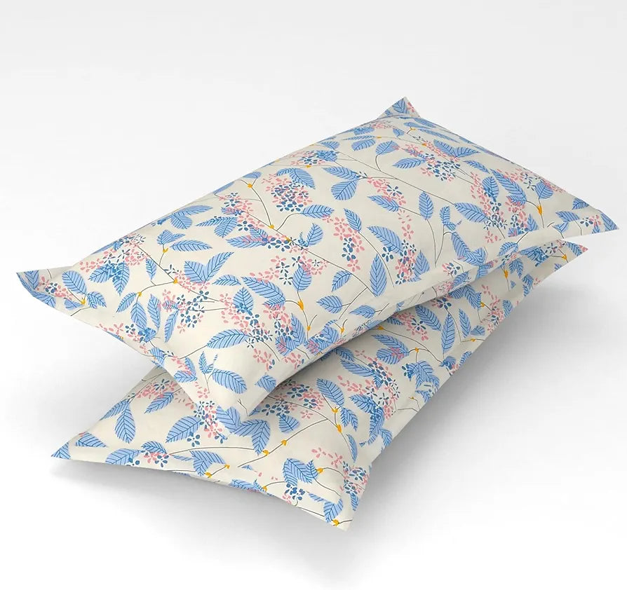 Homekart Premium Cotton Elastic Fitted Bedsheets with 2 King Size Pillow Covers Double Bed with Flower Print Off White and Blue 200 tc - 220 tc
