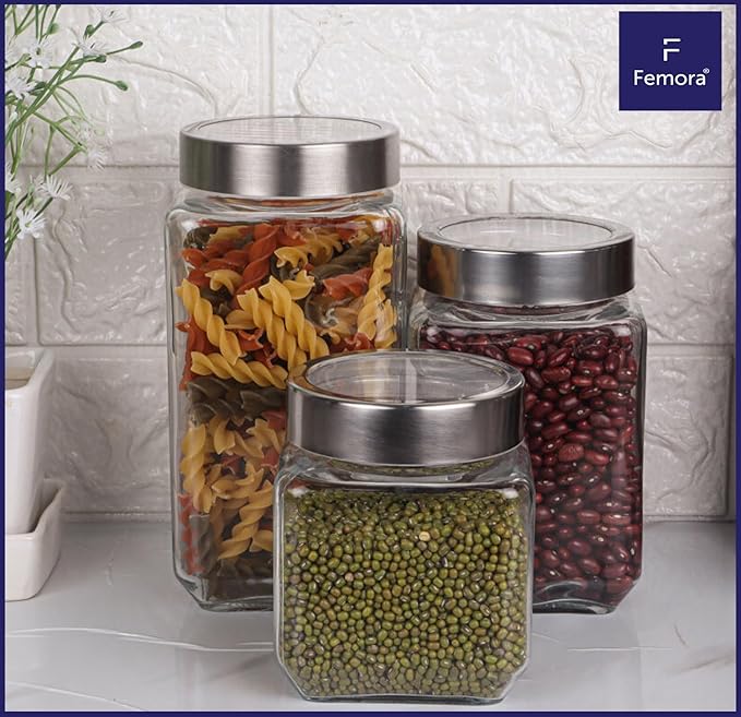 Femora Kitchen Storage Jars Borosilicate Glass With Steel Lid Air Tight Jar | 500 Ml | Pack of 1
