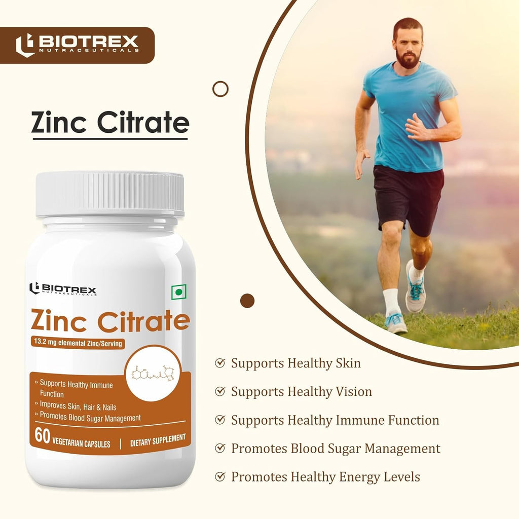 Biotrex Nutraceuticals Zinc Citrate Supplement | Immunity & Growth | Better Immune System & Overall Healing | Well Absorbed Zinc | 60 Veg Capsules