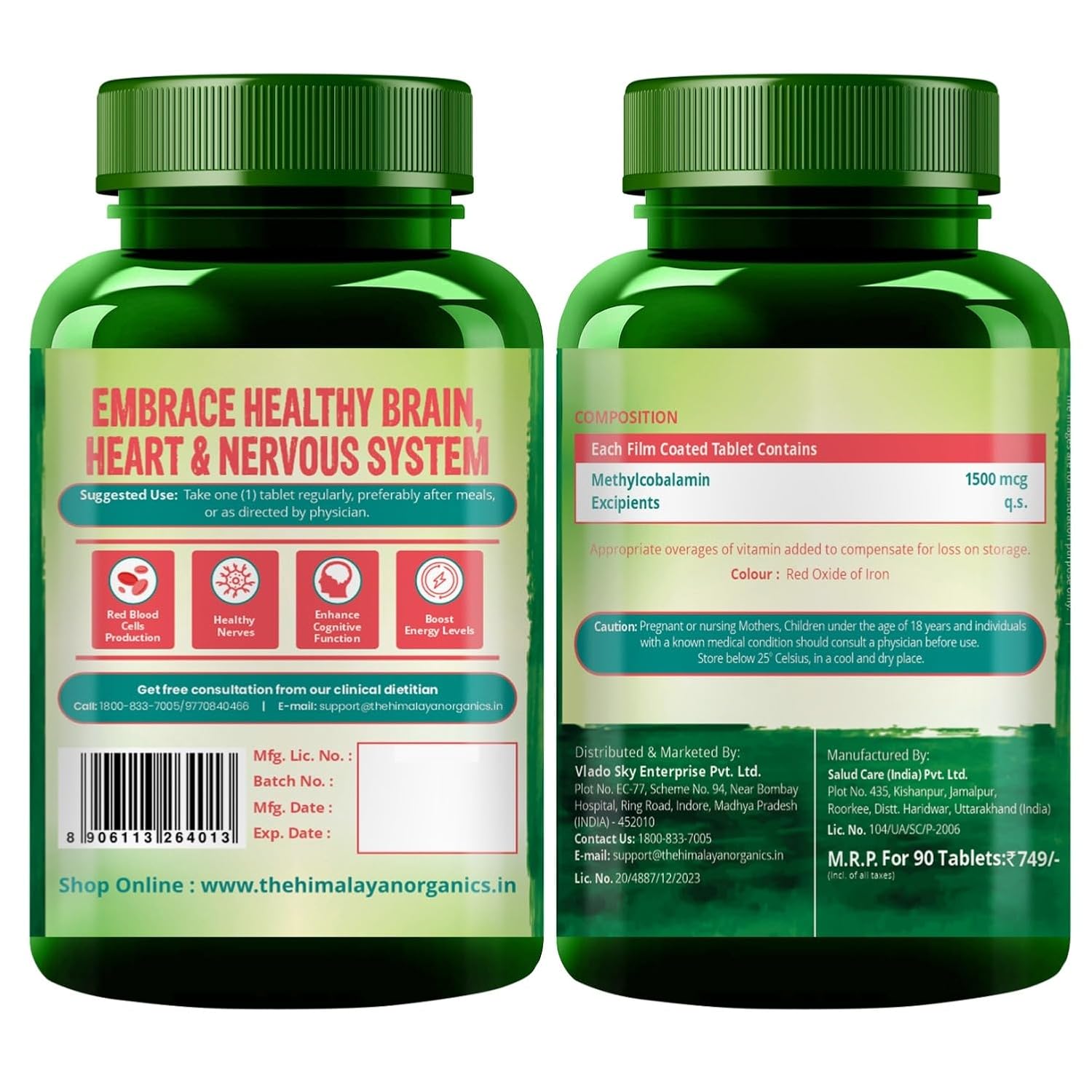 Vlado's Himalayan Organics Methylcobalamin Vitamin B12 1500mcg Supplement for Men & Women - 90 Veg Tablets