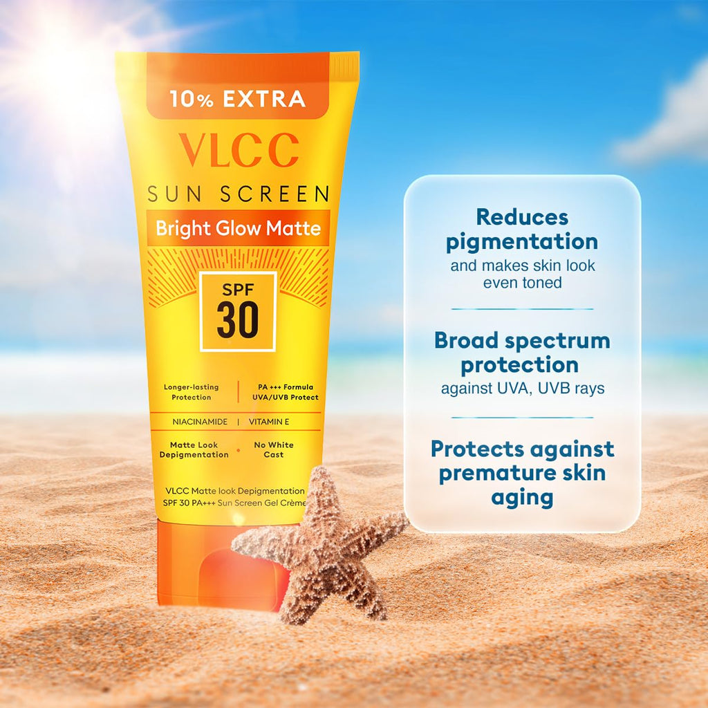 VLCC Bright Glow Matte SPF 30 PA ++ Sunscreen Gel Crème - 100g + 10g Extra - Helps Depigmentation, Non-Greasy Tinted Matte Formula with Broad Spectrum Protection