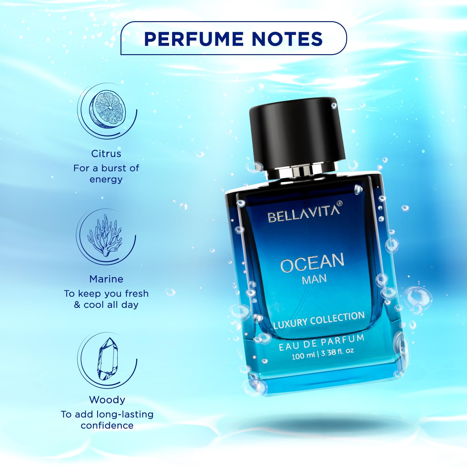 Bella Vita Luxury Men Ocean Aquatic Eau De Parfum With Marine, Orchid & Musk|Long Lasting Fresh Citrusy & Woody Edp Fragrance Scent Liquid Perfume,100 Ml