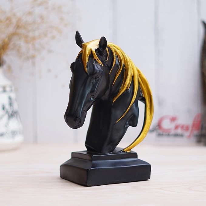 Ecraftindia Black Horse Head Statue With Golden Hair Animal Figurine Showpiece